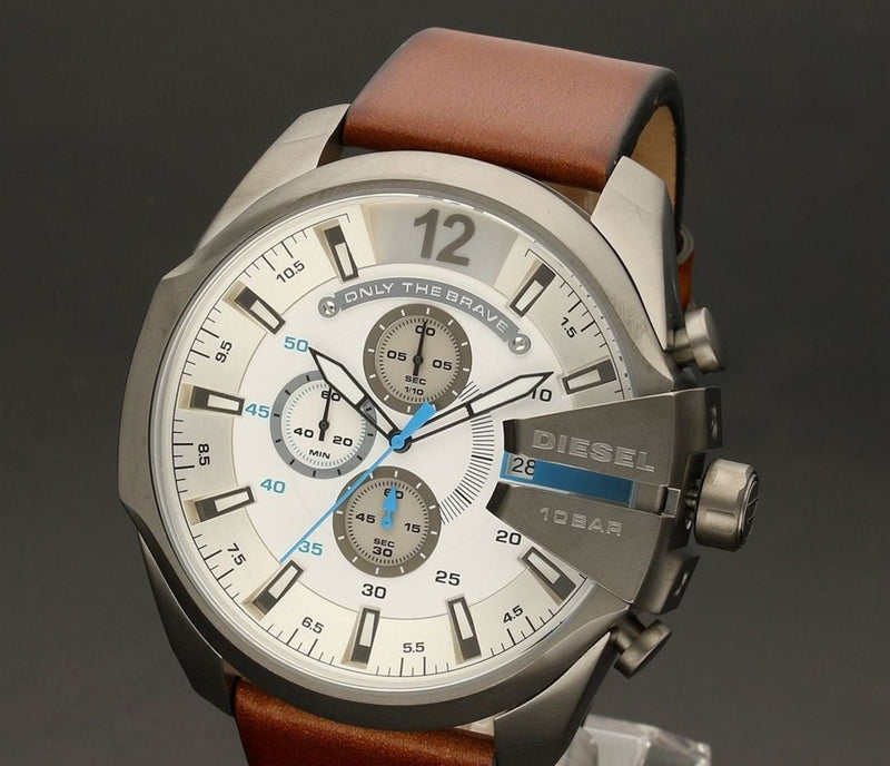 Shop Diesel Mega Chief White Dial Brown Leather Strap Watch For Men - DZ4280 in USA
