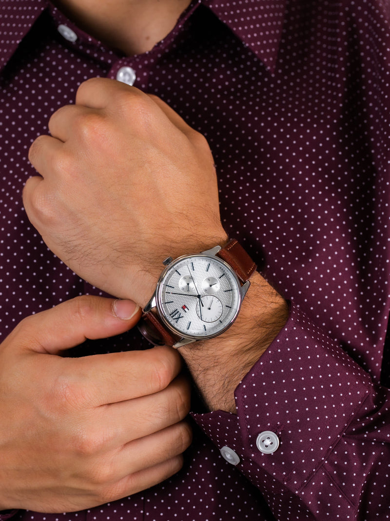 Shop Tommy Hilfiger Damon Quartz White Dial Brown Leather Strap Watch for Men - 1791418 in USA