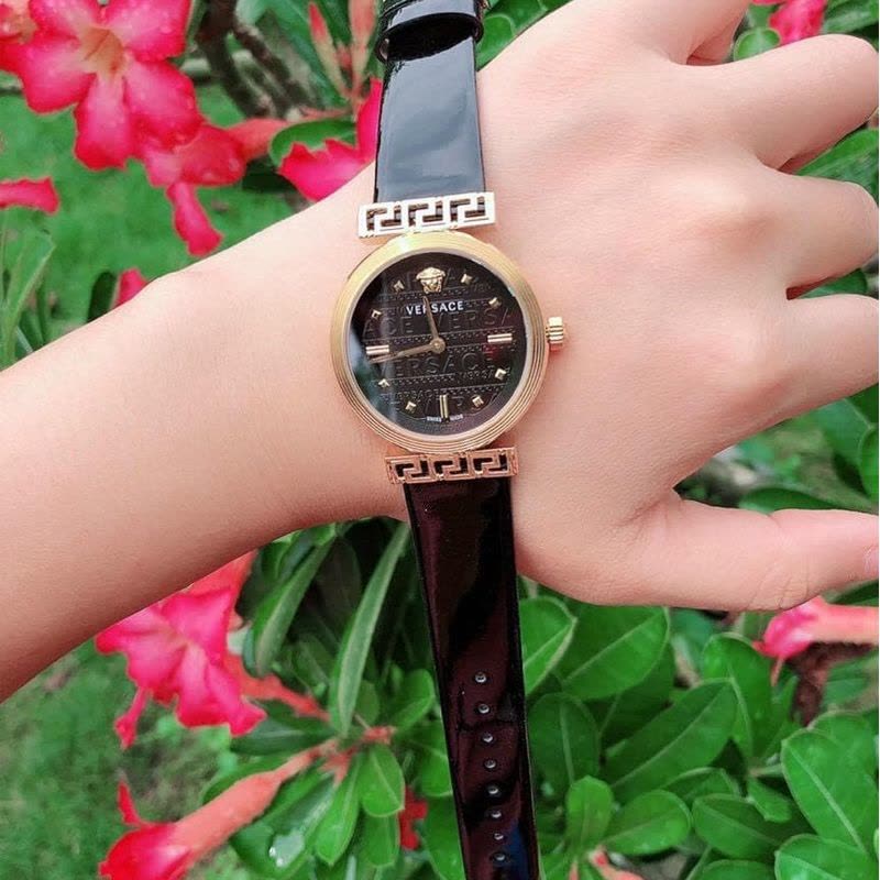 Versace Greca Meander Black Dial Black Leather Strap Watch for Women - VELW00420 Buy Now By Versace