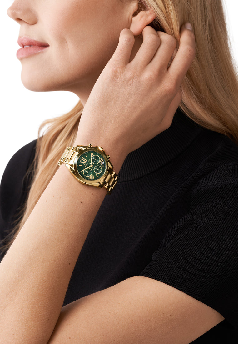 Michael Kors Bradshaw Chronograph Green Dial Gold Steel Strap Watch For Women - MK7257 Buy Now By Michael Kors