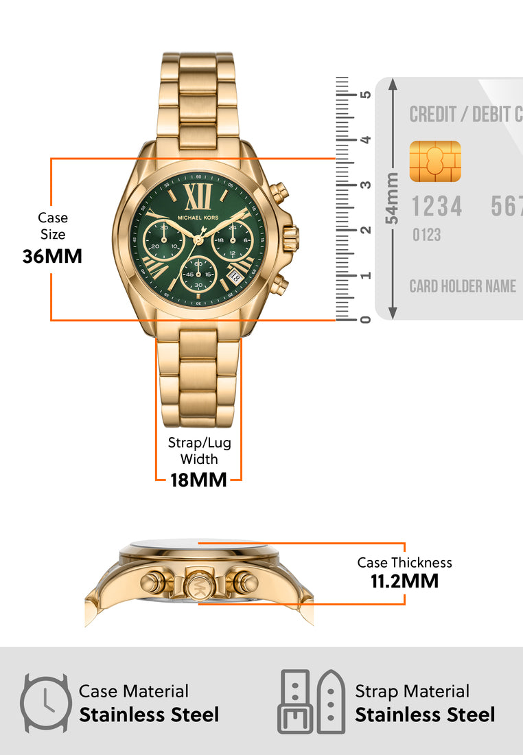 Michael Kors Bradshaw Chronograph Green Dial Gold Steel Strap Watch For Women - MK7257 Buy Now By Michael Kors