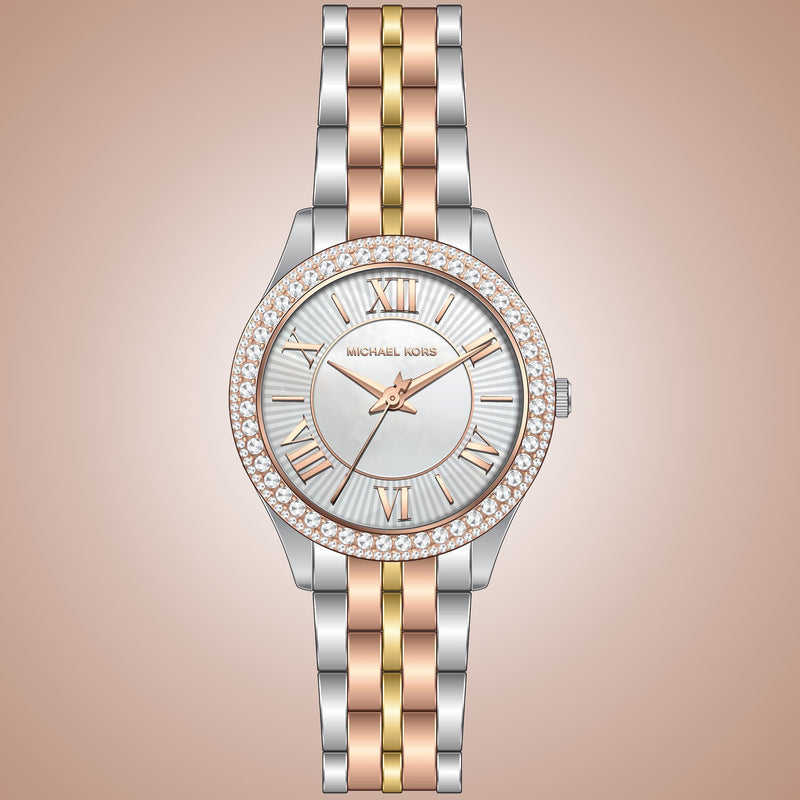 Michael Kors Harlowe Three-Hand Mother of Pearl White Dial Tri Tone Steel Strap Watch for Women - MK4846 Buy Now By Michael Kors