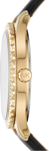 Michael Kors Layton Three Hand Mother of Pearl Black Dial Black Leather Strap Watch For Women - MK2911 Buy Now By Michael Kors