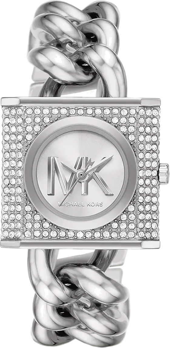 Shop Michael Kors Chain Lock Pave Silver Dial Silver Steel Strap Watch For Women - MK4718 in USA