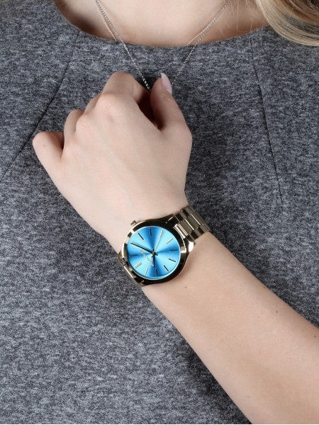 Michael Kors Slim Runway Blue Dial Gold Steel Strap Watch for Women - MK3265 Buy Now By Michael Kors