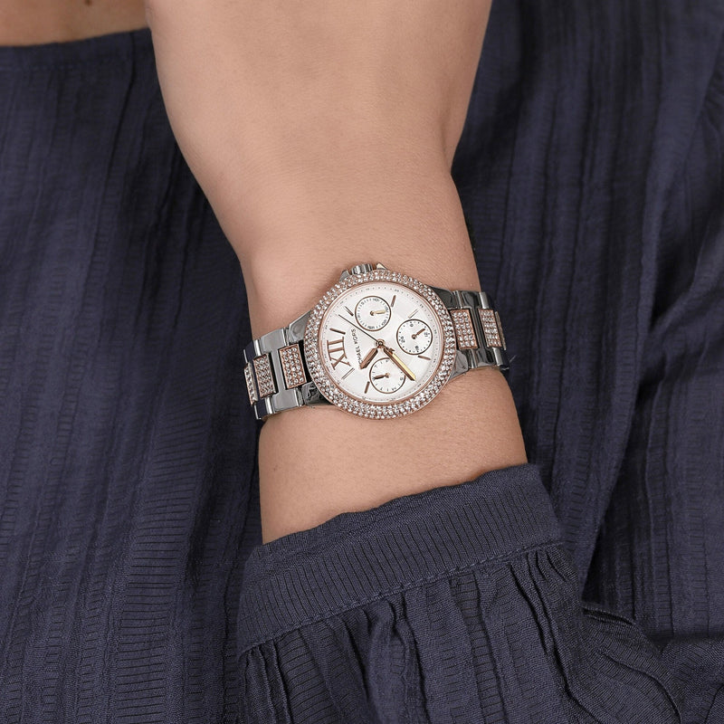Shop Michael Kors Camille Multifunction White Dial Two Tone Steel Strap Watch For Women - MK6846 in USA