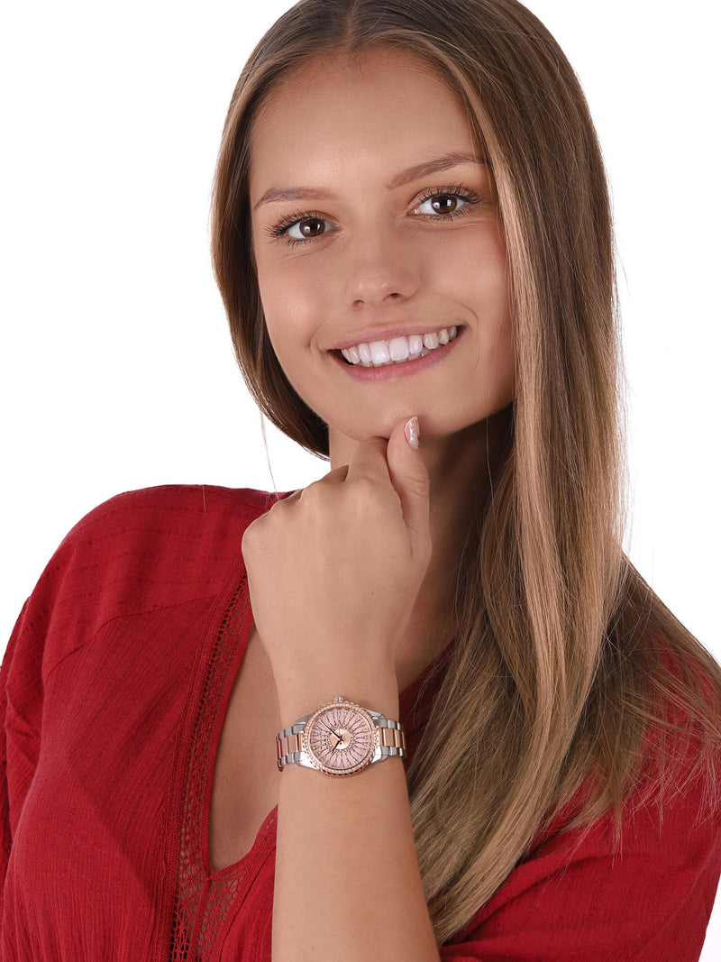 Michael Kors Layton Three Hand Pink Dial Two Tone Steel Strap Watch For Women - MK6894 Buy Now By Michael Kors