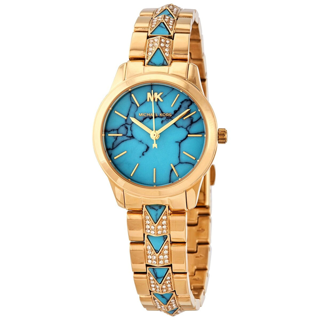 Michael Kors Petite Runway Mercer Blue Dial Gold Steel Strap Watch For Women - MK6673