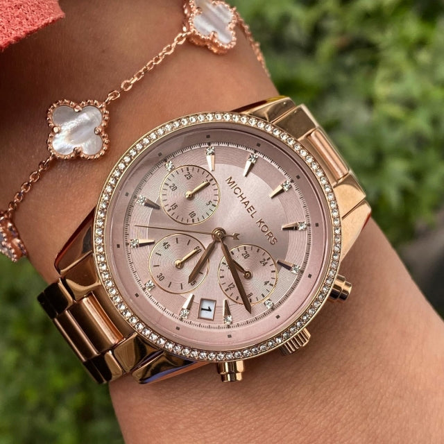 Michael Kors Ritz Chronograph Rose Gold Dial Rose Gold Steel Strap Watch for Women - MK6357 Buy Now By Michael Kors