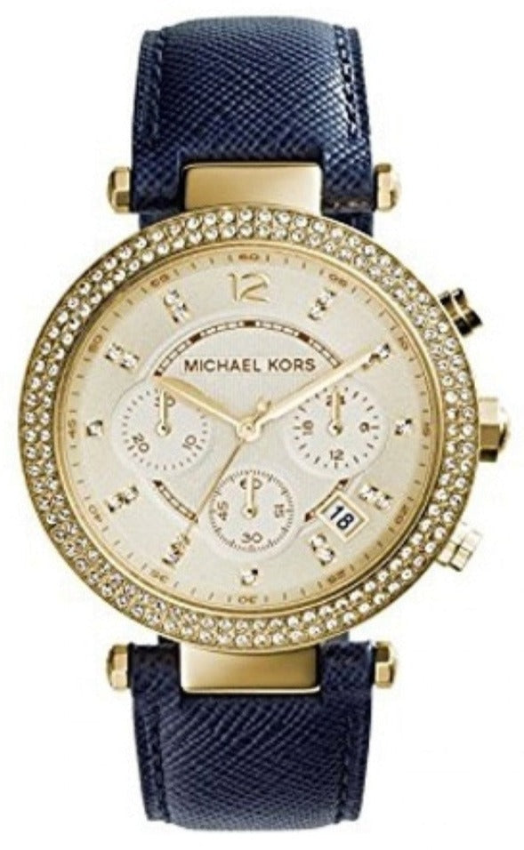 Michael Kors Parker Gold Dial Blue Leather Strap Watch for Women - MK2280