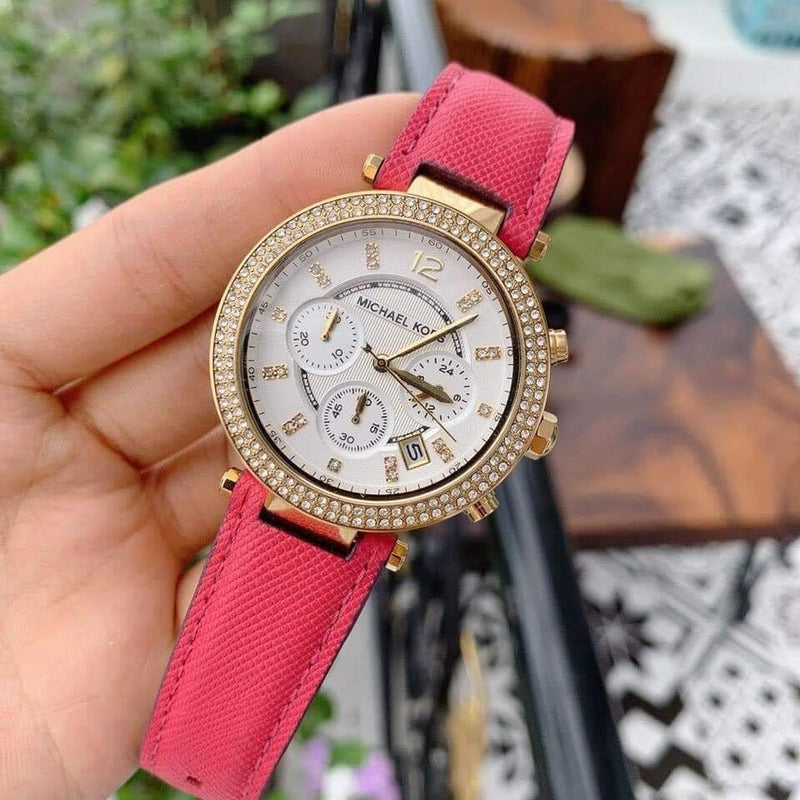 Michael Kors Parker Chronograph White Dial Pink Leather Strap Watch for Women - MK2297 Buy Now By Michael Kors