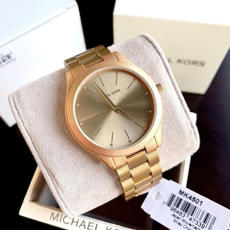 Michael Kors Slim Runway Quartz Gold Dial Gold Steel Strap Watch For Women - MK4501 Buy Now By Michael Kors