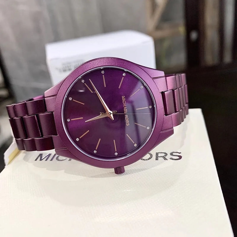 Shop Michael Kors Slim Runway Quartz Purple Dial Purple Steel Strap Watch For Women - MK4507 in USA
