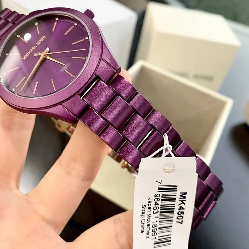 Shop Michael Kors Slim Runway Quartz Purple Dial Purple Steel Strap Watch For Women - MK4507 in USA