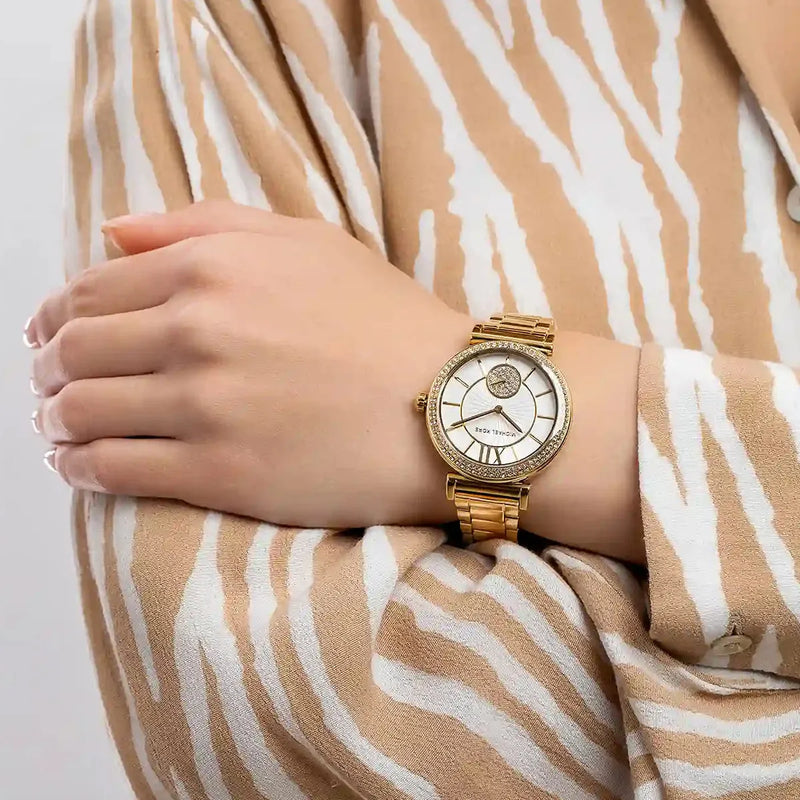 Michael Kors Abbey Three-Hand Analog White Dial Gold Steel Strap Watch for Women - MK4615 Buy Now By Michael Kors