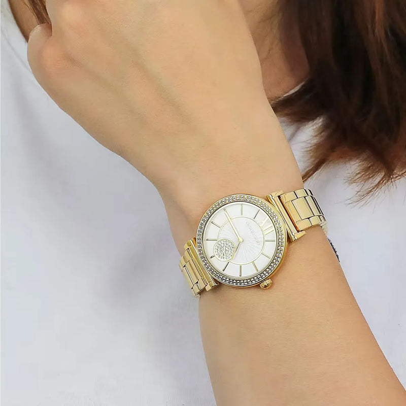 Michael Kors Abbey Three-Hand Analog White Dial Gold Steel Strap Watch for Women - MK4615 Buy Now By Michael Kors