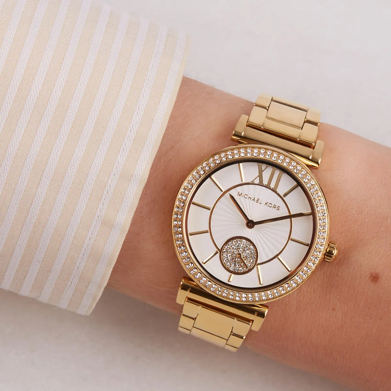 Michael Kors Abbey Three-Hand Analog White Dial Gold Steel Strap Watch for Women - MK4615 Buy Now By Michael Kors