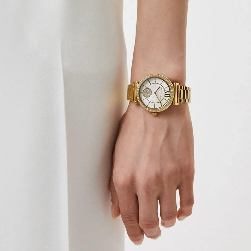 Michael Kors Abbey Three-Hand Analog White Dial Gold Steel Strap Watch for Women - MK4615 Buy Now By Michael Kors