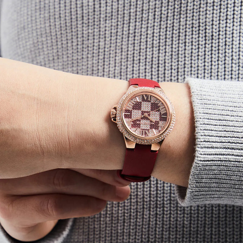 Michael Kors Camille Three Hand Crystals Rose Gold Dial Red Leather Strap Watch For Women - MK4701 Buy Now By Michael Kors