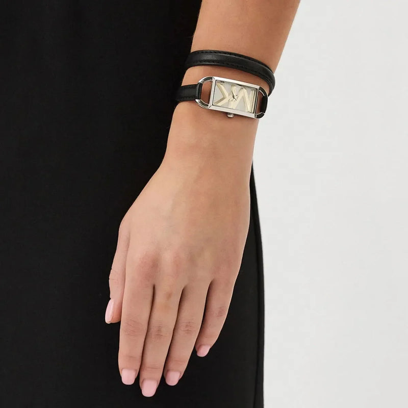 Shop Michael Kors Empire Three-Hand Silver Dial Black Leather Strap Watch For Women - MK4722 in USA