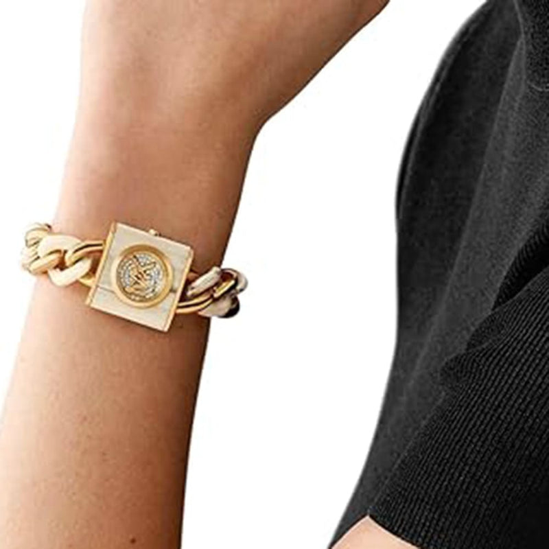 Shop Michael Kors Chain Lock Analog Crystals Silver Dial Gold Steel Strap Watch for Women - MK4809 in USA