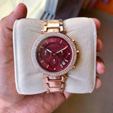 Michael Kors Parker Chronograph Red Dial Rose Gold Steel Strap Watch For Women - MK6106 Buy Now By Michael Kors