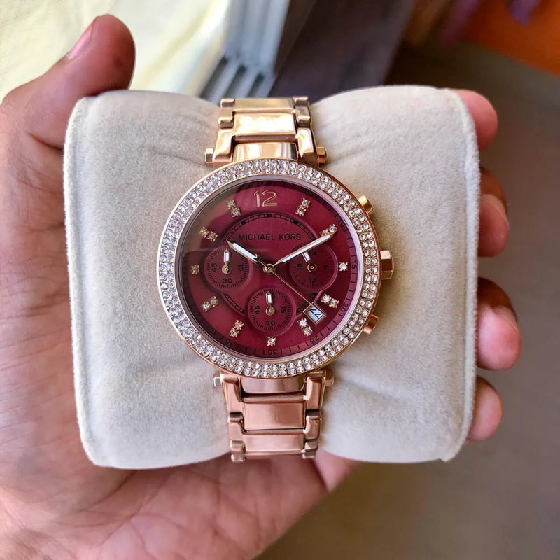 Michael Kors Parker Chronograph Red Dial Rose Gold Steel Strap Watch For Women - MK6106 Buy Now By Michael Kors