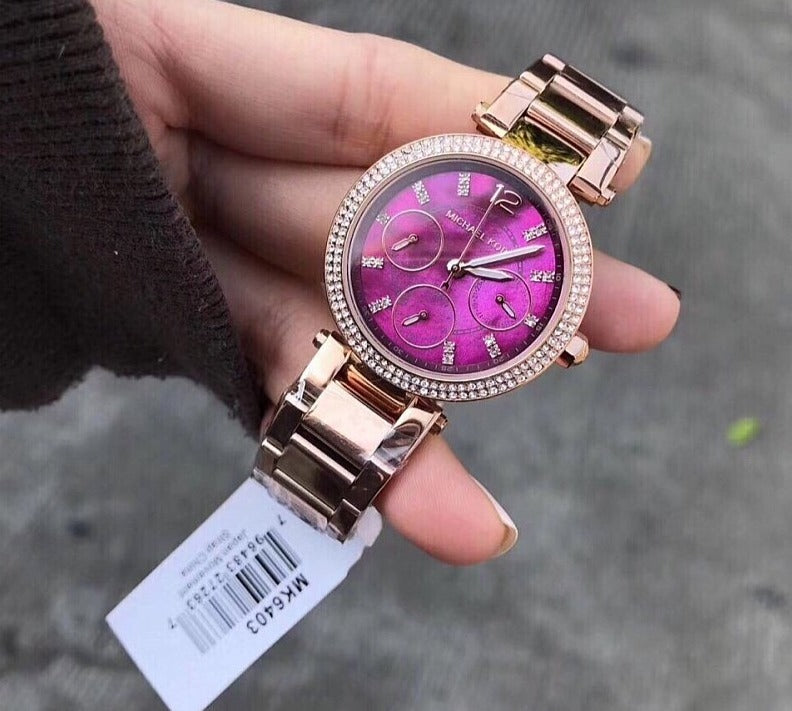 Michael Kors Mini Parker Multi-Function Plum Mother of Pearl Dial Rose Gold Steel Strap Watch For Women - MK6403 Buy Now By Michael Kors