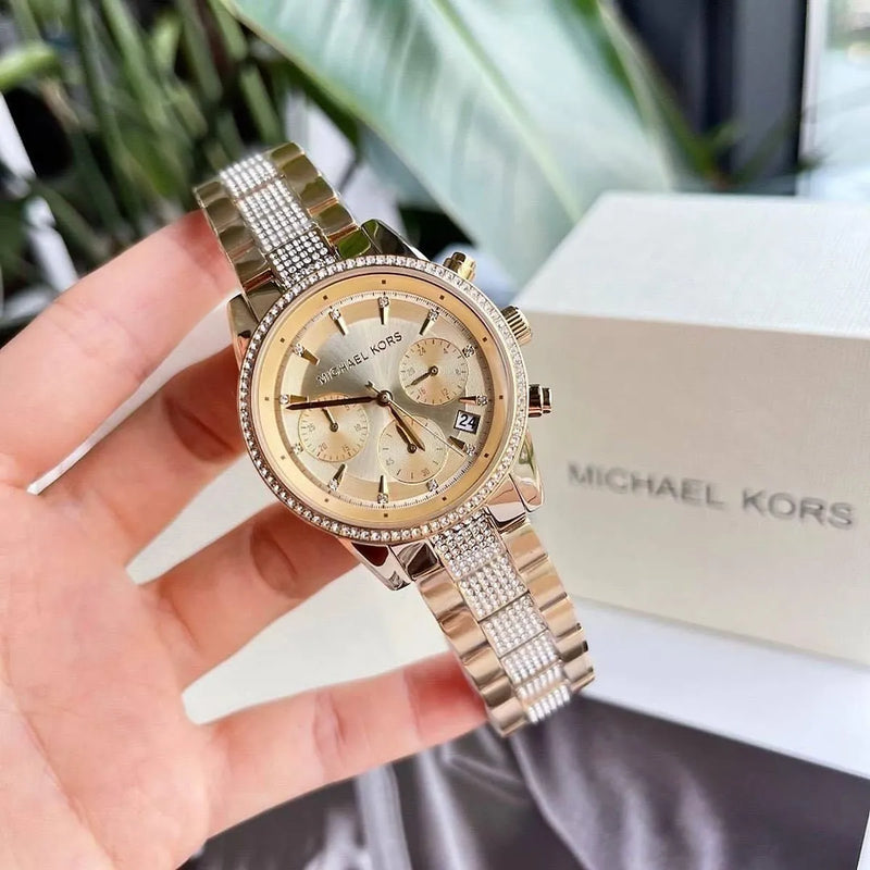 Michael Kors Ritz Chronograph Gold Dial Gold Steel Strap Watch For Women - MK6484 Buy Now By Michael Kors
