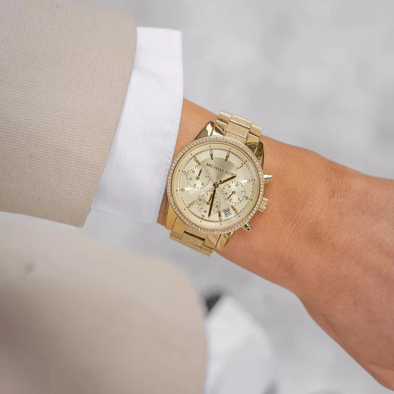 Michael Kors Ritz Chronograph Gold Dial Gold Steel Strap Watch For Women - MK6597 Buy Now By Michael Kors