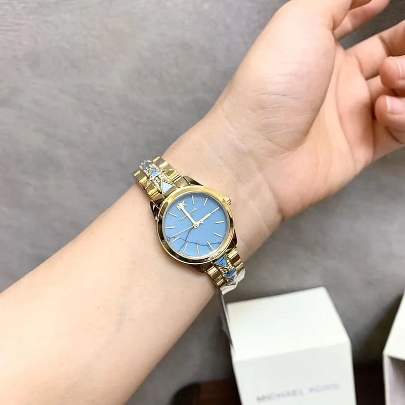 Michael Kors Petite Runway Mercer Blue Dial Gold Steel Strap Watch For Women - MK6673 Buy Now By Michael Kors
