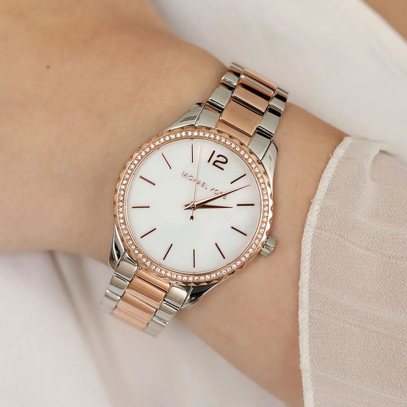Michael Kors Layton Three Hand Mother of Pearl White Dial Two Tone Steel Strap Watch For Women - MK6849 Buy Now By Michael Kors