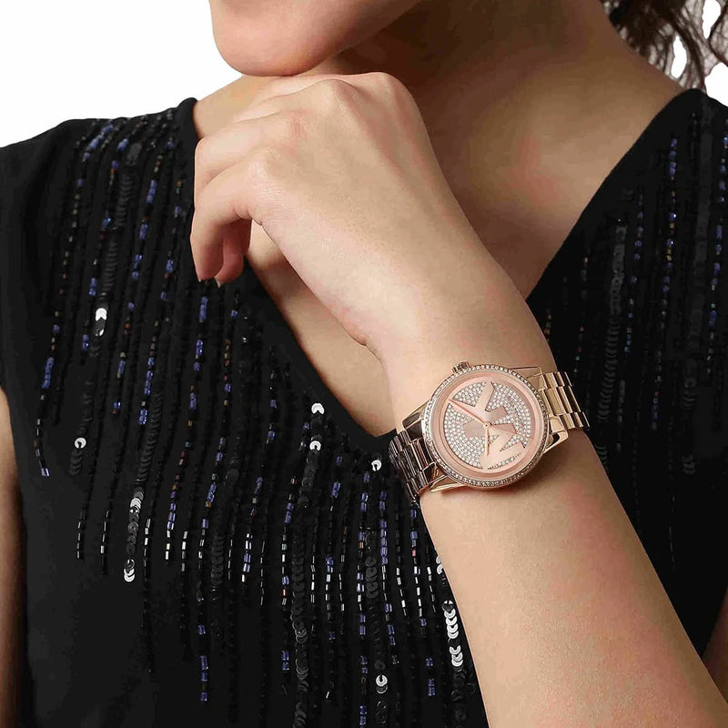 Michael Kors Ritz Analog Crystals Silver Dial Rose Gold Steel Strap Watch for Women - MK6863 Buy Now By Michael Kors