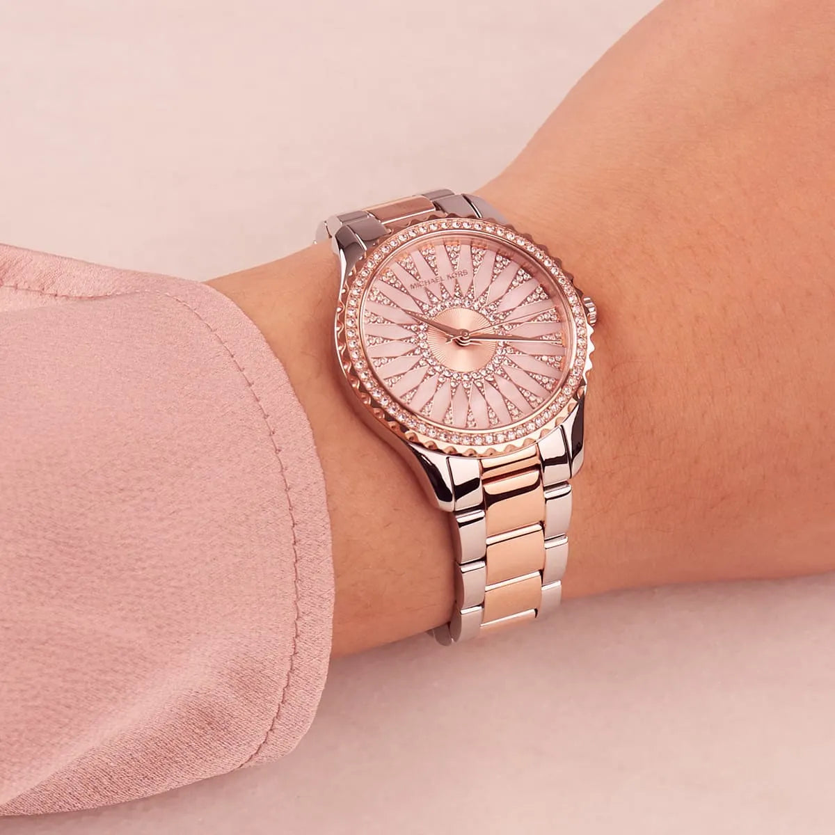Michael Kors Layton Three Hand Pink Dial Two Tone Steel Strap Watch For Women - MK6894