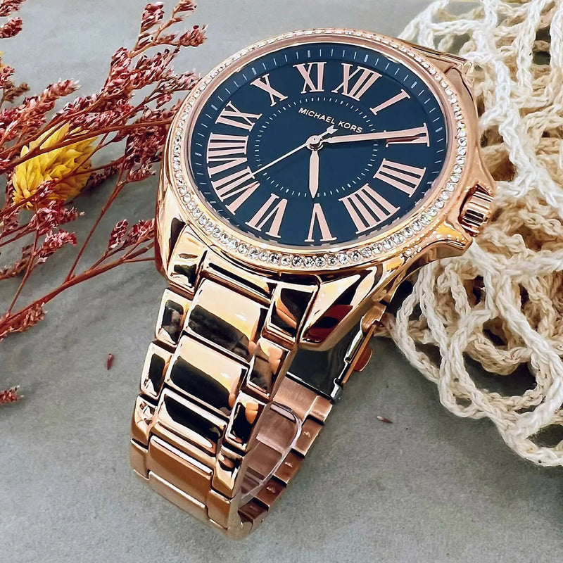 Michael Kors Kacie Three Hand Black Dial Rose Gold Steel Strap Watch for Women - MK6930 Buy Now By Michael Kors