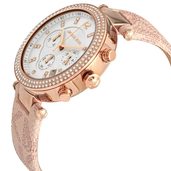 Shop Michael Kors Parker Chronograph White Dial Pink Leather Strap Watch For Women - MK6935 in USA