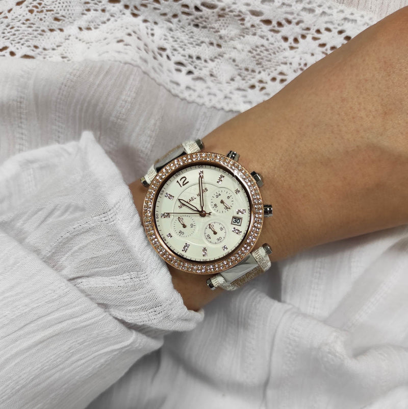 Michael Kors Parker Chronograph White Dial Two Tone Leather Strap Watch For Women - MK6950 Buy Now By Michael Kors