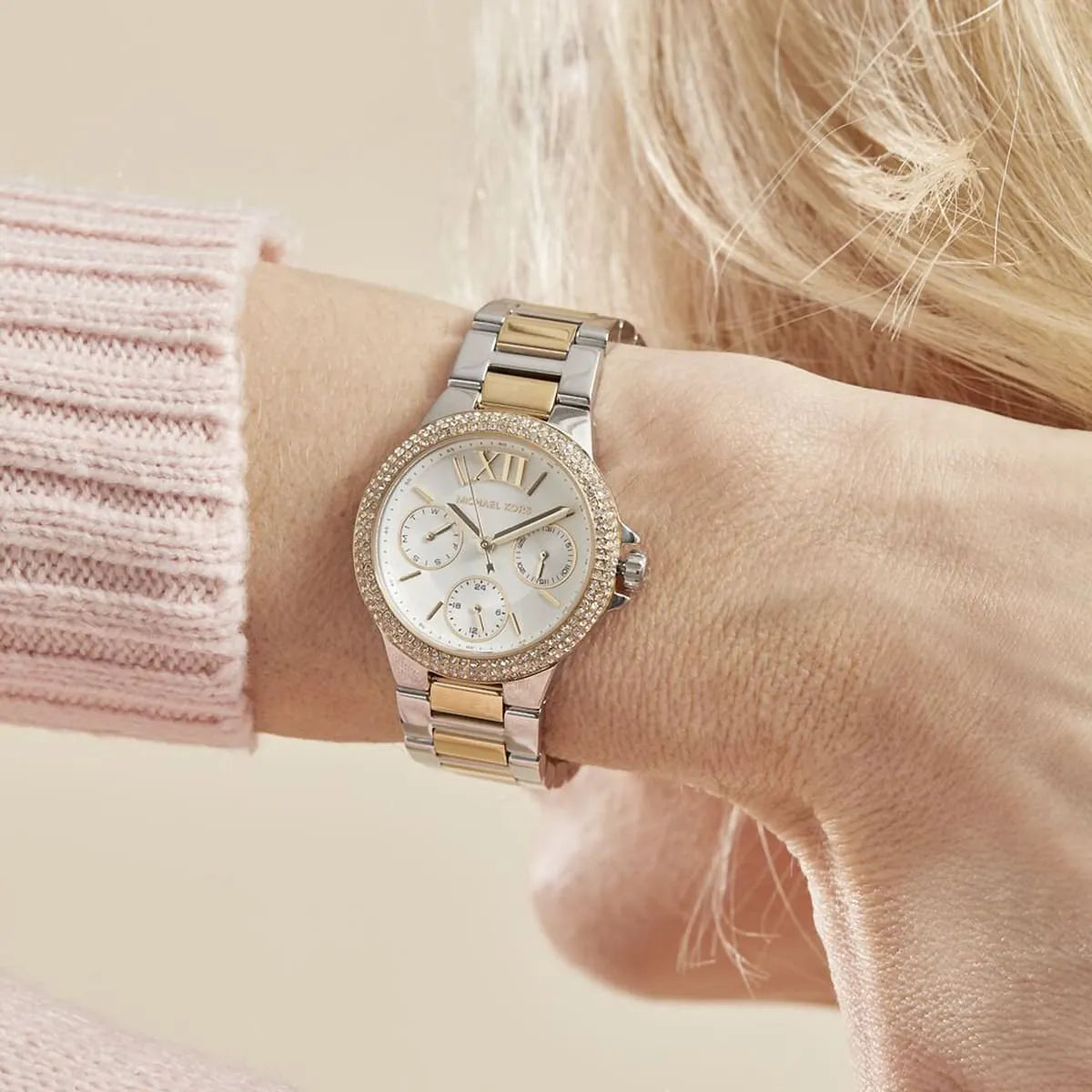 Michael Kors Camille Multifunction Silver Dial Two Tone Steel Strap Watch For Women - MK6982