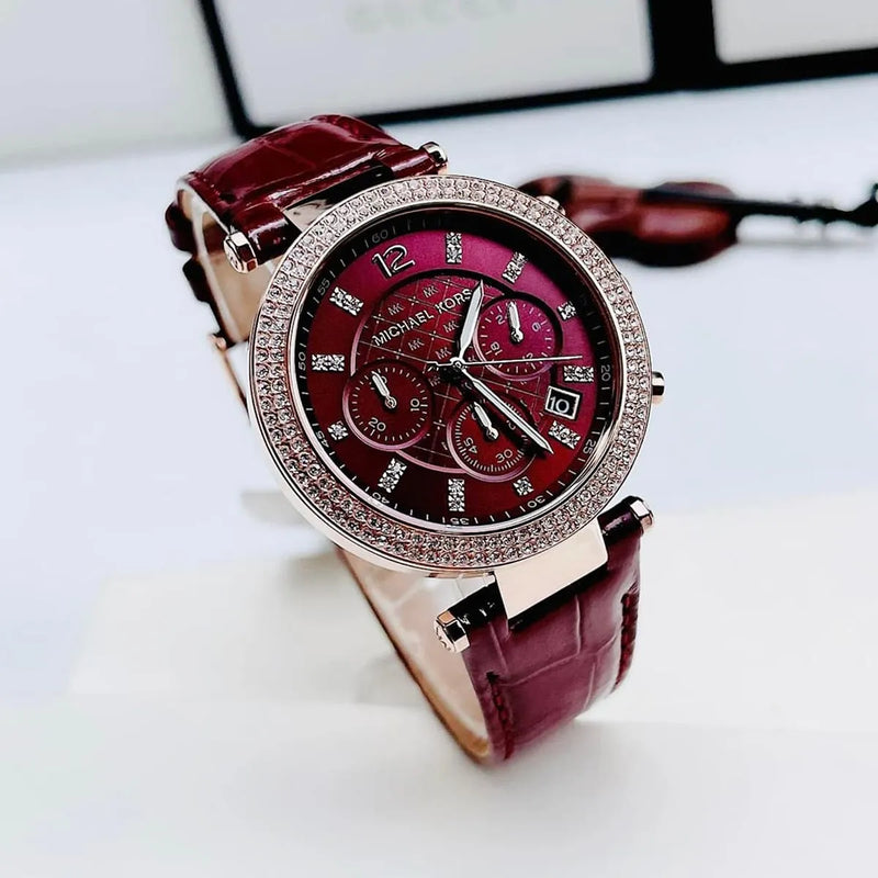 Michael Kors Parker Chronograph Red Dial Red Leather Strap Watch For Women - MK6986 Buy Now By Michael Kors