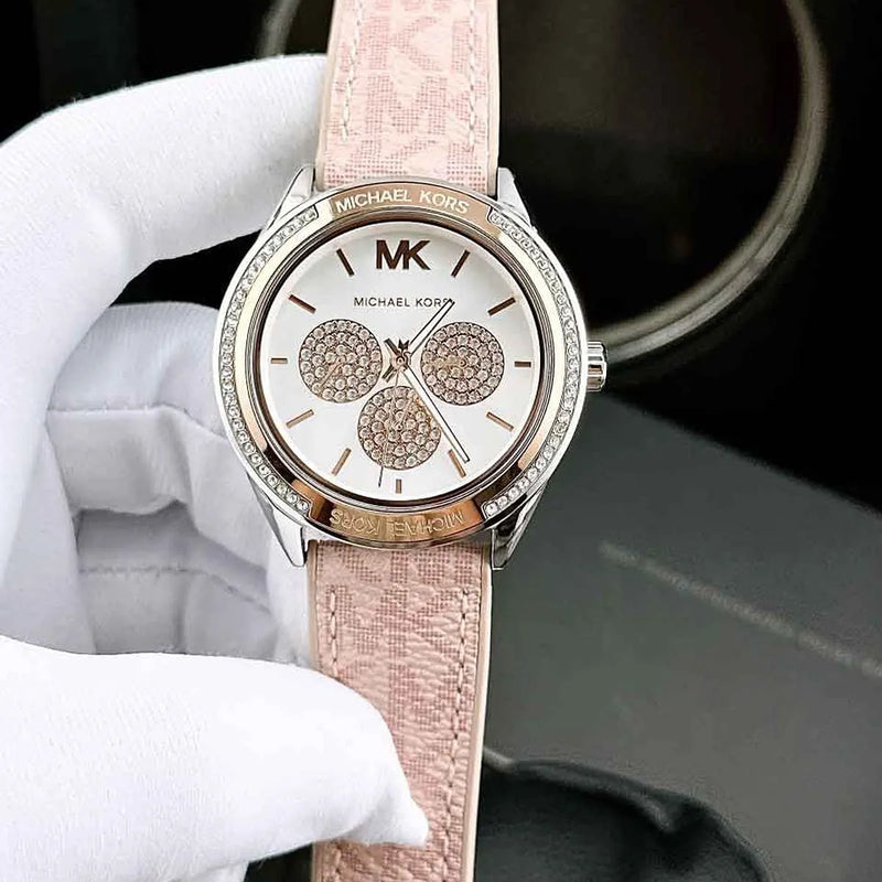 Shop Michael Kors Multifunction Silver Dial Pink Leather Strap Watch For Women - MK7206 in USA