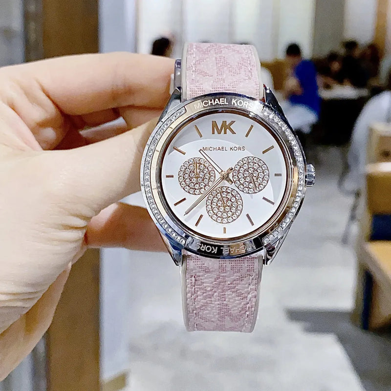 Shop Michael Kors Multifunction Silver Dial Pink Leather Strap Watch For Women - MK7206 in USA