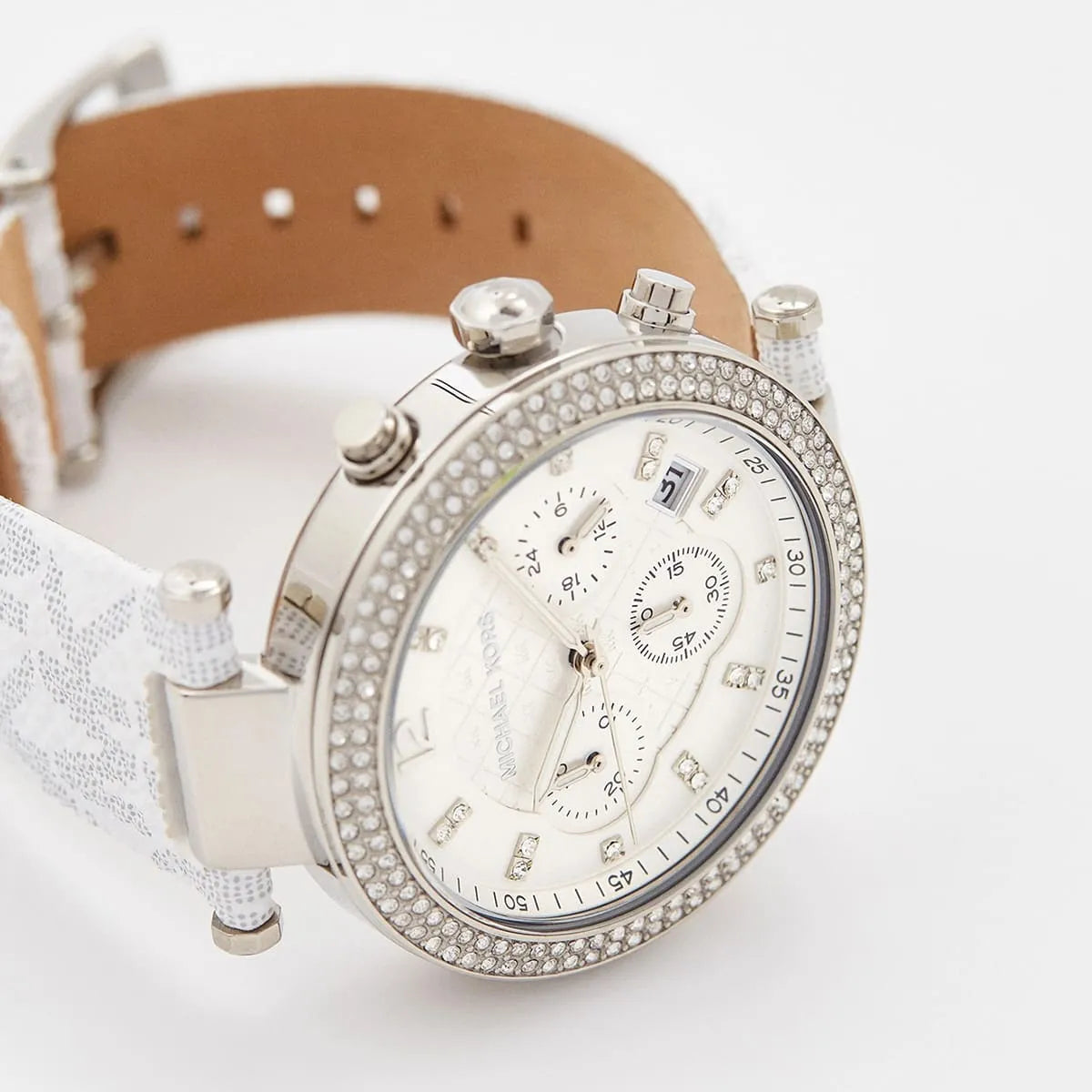 Michael Kors Parker Chronograph White Dial White Leather Strap Watch For Women - MK7226