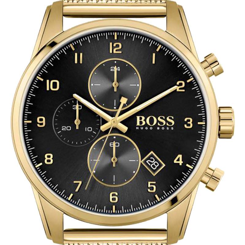 Shop Hugo Boss Skymaster Black Dial Gold Mesh Bracelet Watch for Men - 1513838 in USA