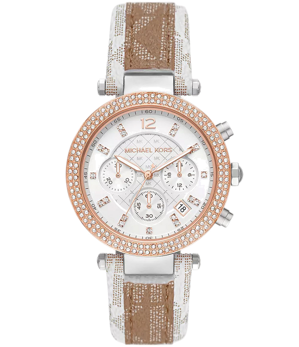 Michael Kors Parker Chronograph White Dial Two Tone Leather Strap Watch For Women - MK6950 Buy Now By Michael Kors