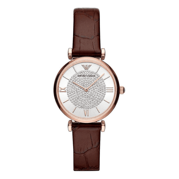 Emporio Armani Gianni T-Bar Silver Dial Brown Leather Strap Watch For Women - AR11269 Buy Now By Emporio Armani