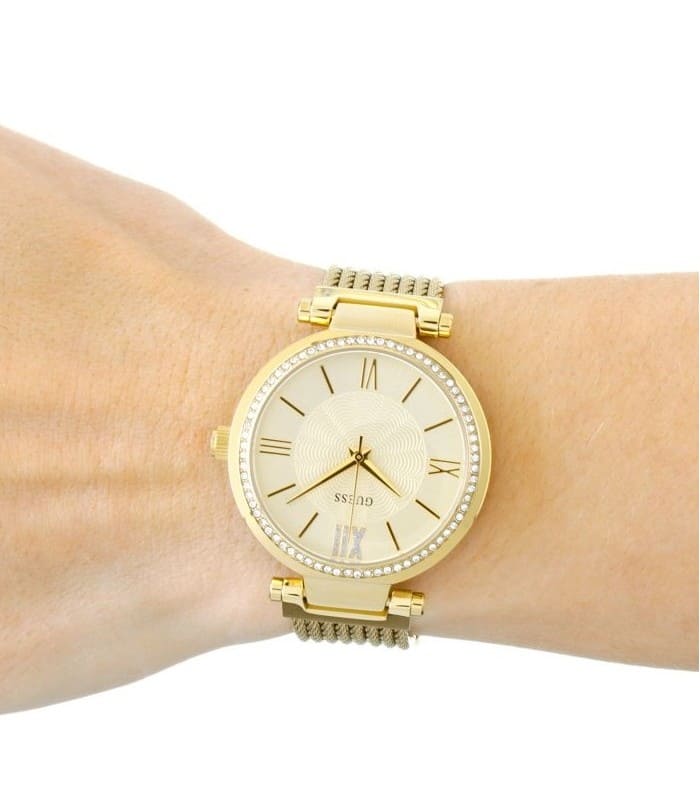 Shop Guess Soho Champagne Dial Stainless Steel Mesh Bracelet Watch For Women - W0638L2 in USA