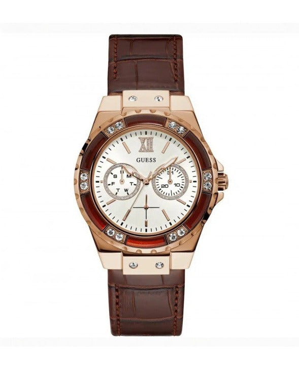 Guess Limelight Analog White Dial Brown Leather Strap Watch For Women - W0775l14 Buy Now By Guess