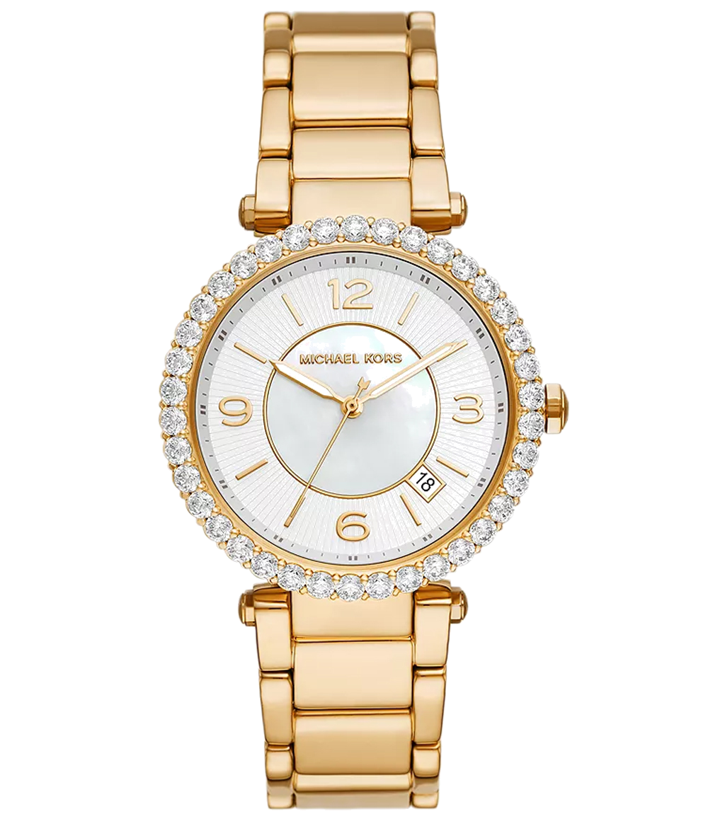 Michael Kors Parker Mother of Pearl White Dial Gold Steel Strap Watch For Women - MK4693