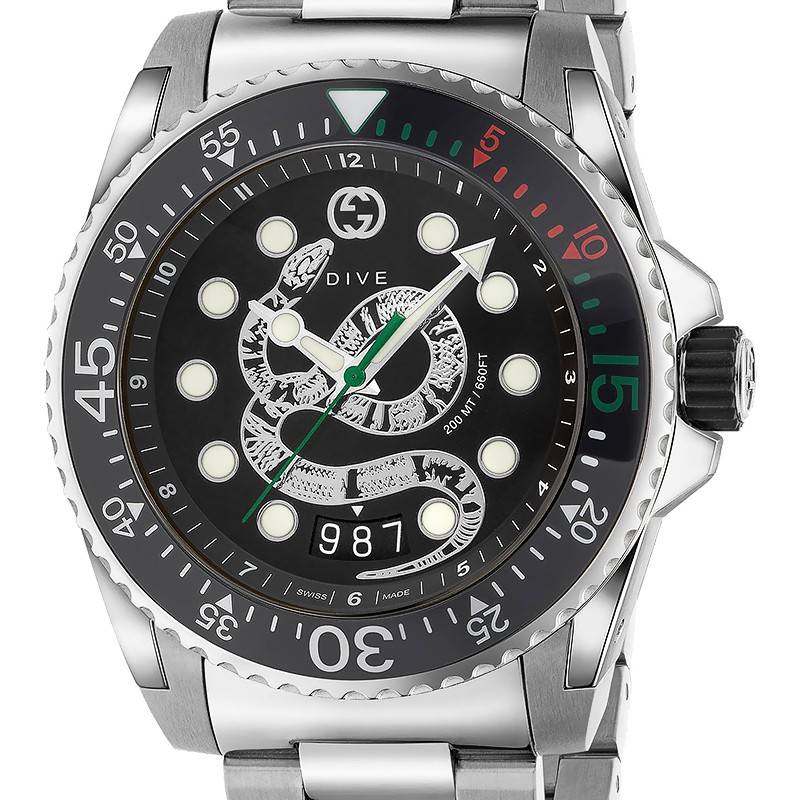 Shop Gucci Dive Snake Black Dial Silver Steel Strap Watch For Men - YA136218 in USA
