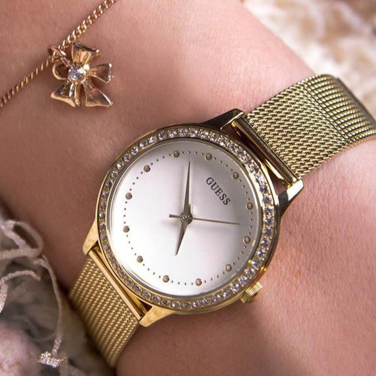 Guess Chelsea Crystals Mother of Pearl White Dial Gold Mesh Bracelet Watch For Women - W0647L7 Buy Now By Guess